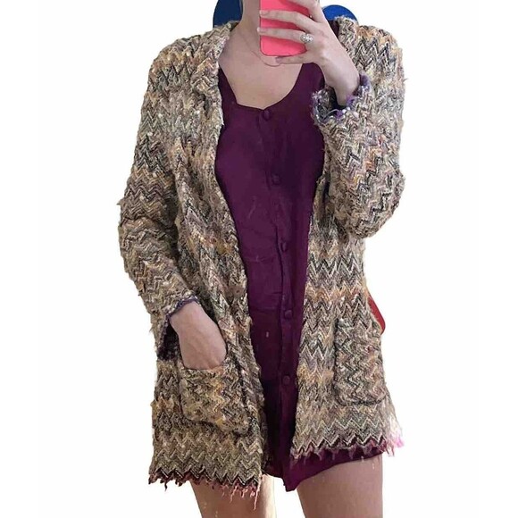 Vintage y2k Chunky Knit Long Cardigan Funky Fuzzy Zig Zag French Handmade - Picture 1 of 10